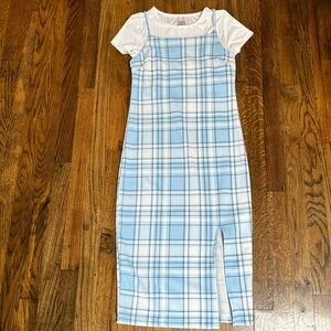 No Boundaries Medium Juniors 7 9 Blue Plaid Midi Dress White Crop Top Slit